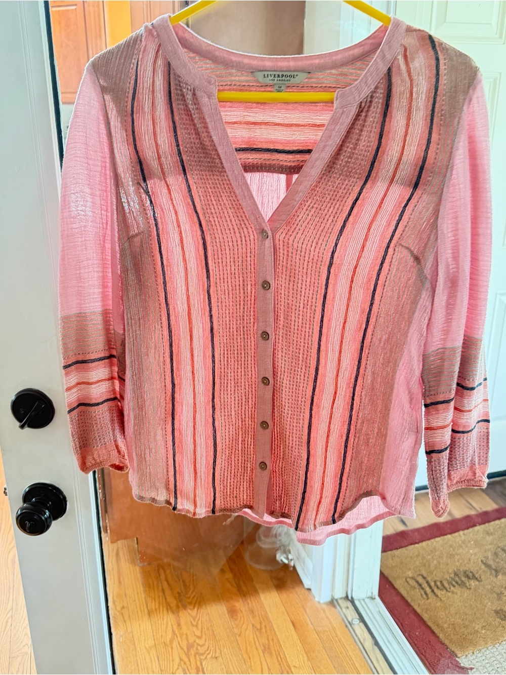 Liverpool Los Angeles Shirred Blouse Pink Multi Striped Size Medium